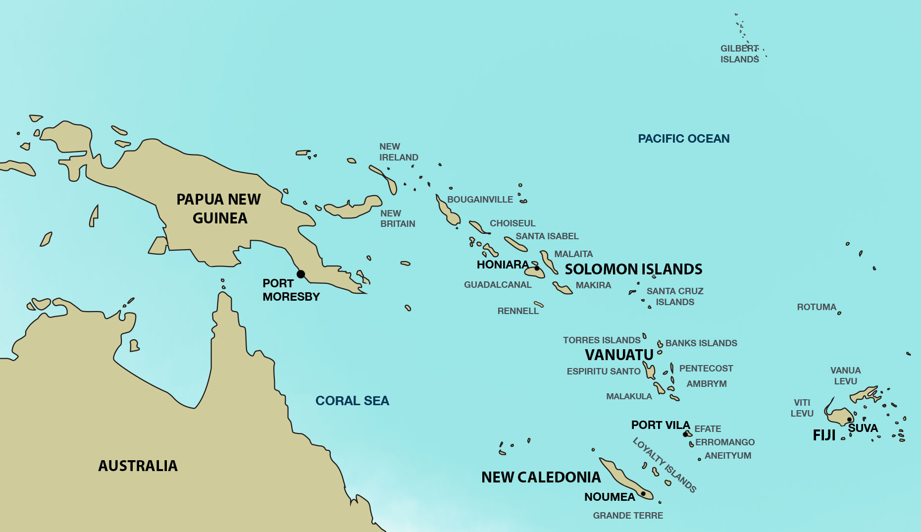 <p>Map of islands in the Southern Pacific, to the east of Australia</p>
