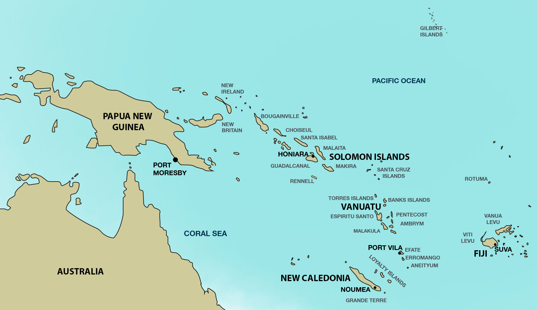 <p>Map of islands in the Southern Pacific, to the east of Australia</p>
