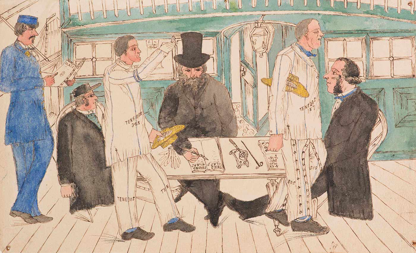 Coloured illustration depicting convicts walking past a desk, possibly on the deck of a ship, where men in frock coats sit.