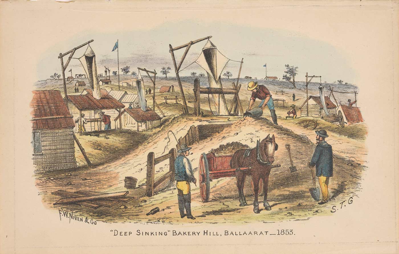 <p><em>‘Deep Sinking’, Bakery Hill, Ballarat, 1853</em>, by ST Gill</p>