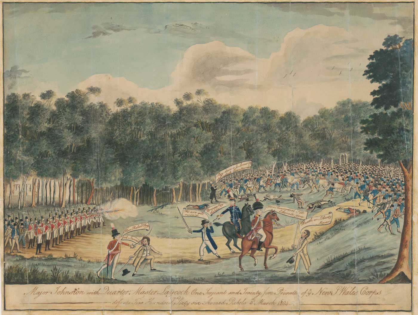 Painting of the convict uprising at Castle Hill