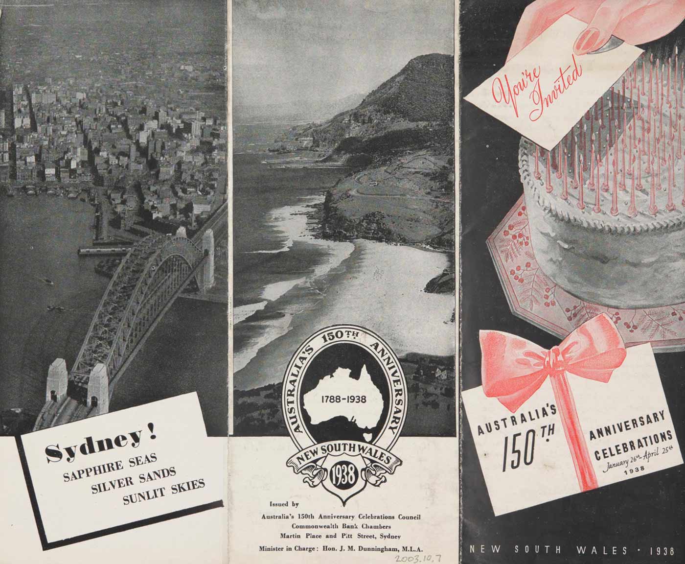 Black, white and pink leaflet with images of a beach, a birthday cake and the Sydney CBD