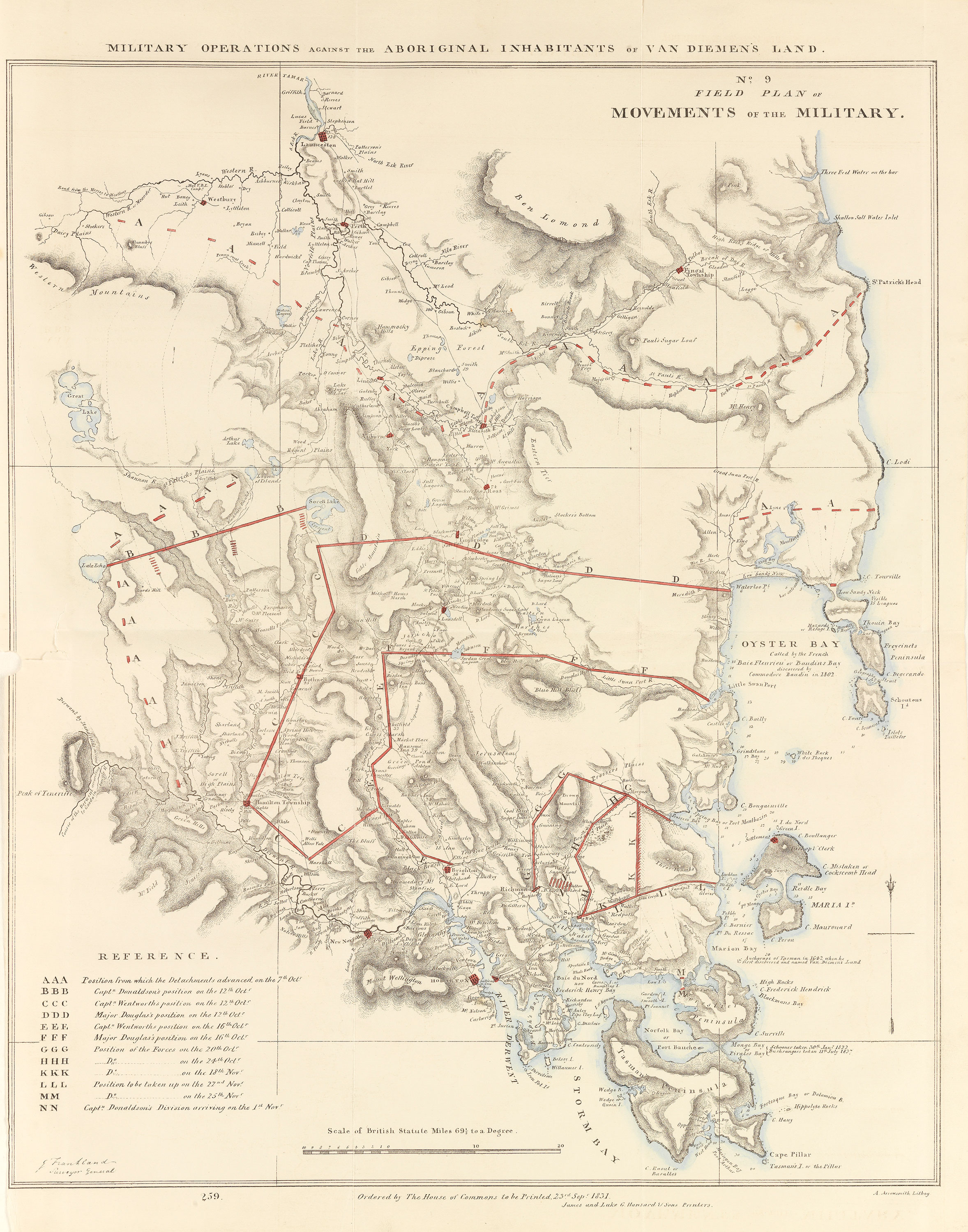 A map of a section of Australia (referred to as Van Diemen's land) showing the movements of the military, as indicated buy red lines.