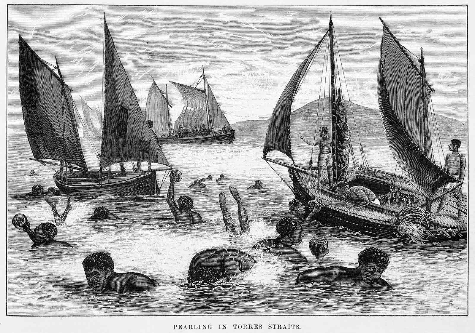 Etching of a group of people in the water surrounded by sail boats.