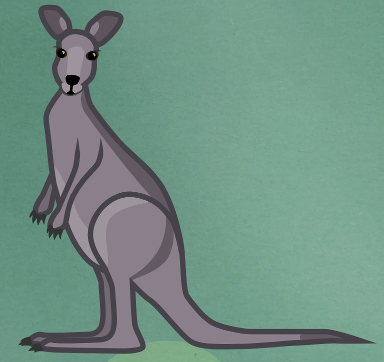 Graphic showing a grey-coloured kangaroo on an aqua background.