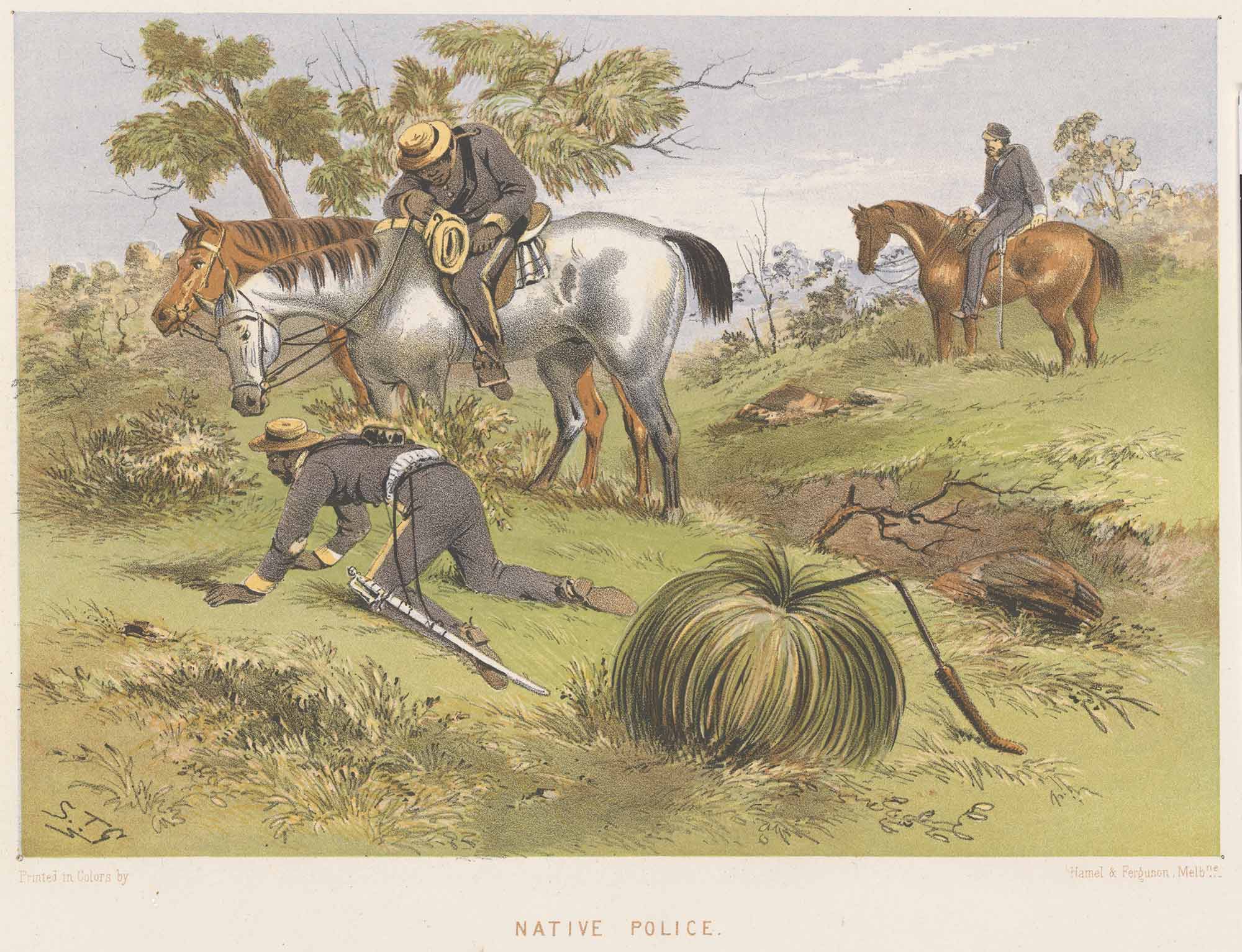 Artwork featuring men dressed in official uniforms on horseback in bushland. One man is on his hands and knees inspecting the ground.