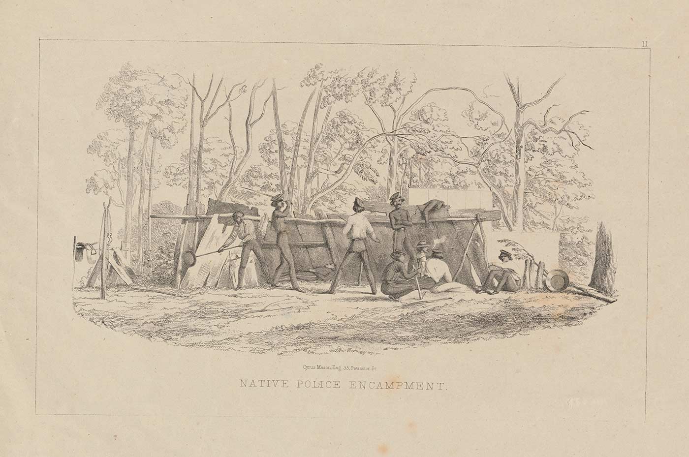 Drawing or print of a group of men in uniform next to a shelter made from logs and pieces of wood tied with rope.