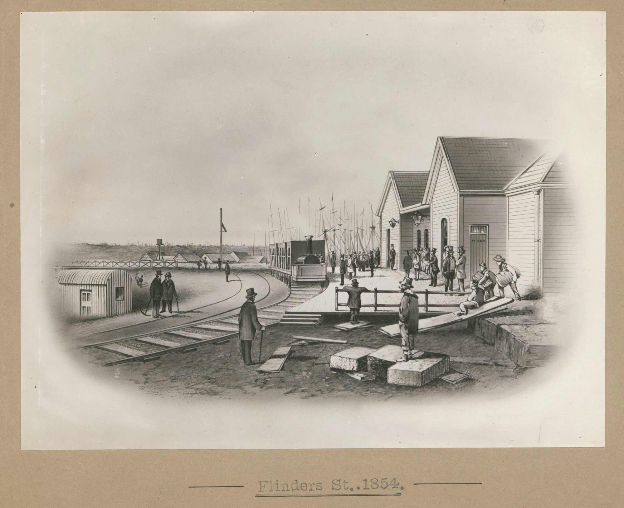 <p>Flinders Street, 1854, showing the first station buildings with the single line from Sandridge (now Port Melbourne), in a copy of the original sketch by ST Gill.</p>