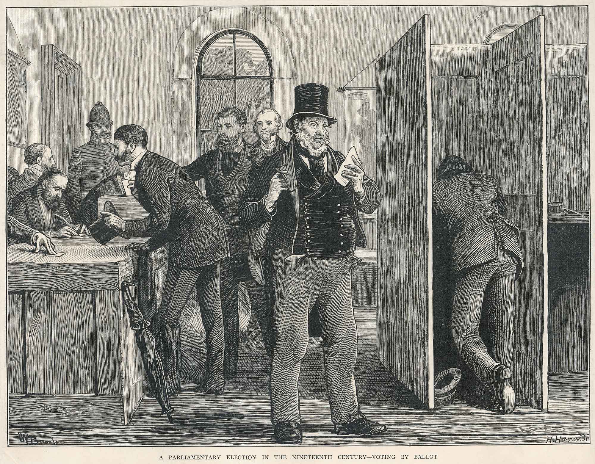 Black and white illustration of men at a polling booth.