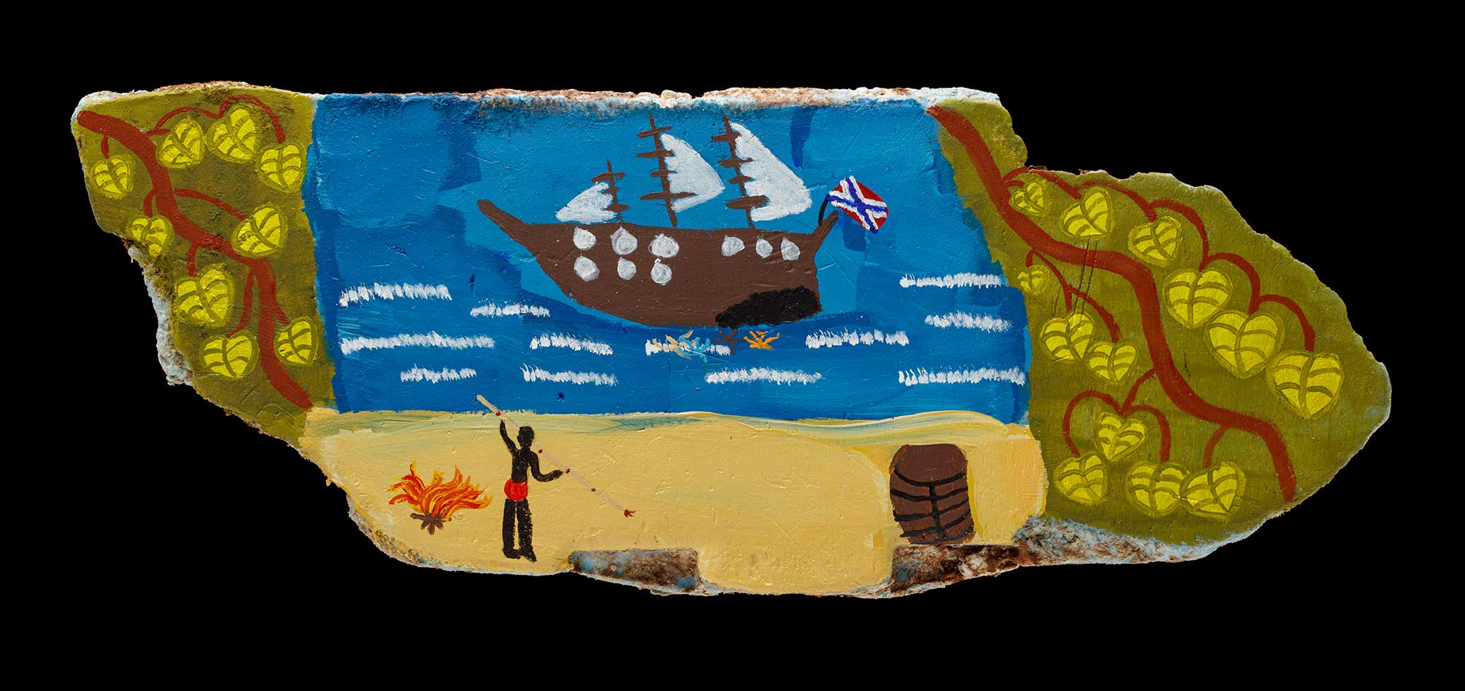 An acrylic painting on plastic, featuring a man with a spear near a fire on the beach and a ship on the ocean.