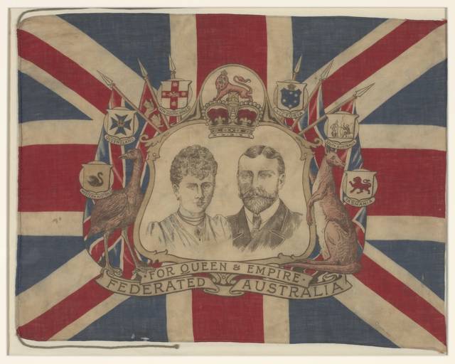 A red, blue, black and cream coloured federation bunting. The bunting features a Union Jack with a portrait of the Duke and Duchess of York in centre surrounded by an emu, kangaroo, Australian state flags and a lion and crown. Black text below associated flags reads from left to right 'WESTERN AUSTRALIA', 'QUEENSLAND', 'NEW SOUTH WALES', 'VICTORIA', 'SOUTH AUSTRALIA', 'TASMANIA'. Black text in ribbons below portrait reads 'FOR QUEEN & EMPIRE / FEDERATED AUSTRALIA'. A cord is sewn into the left hand edge.