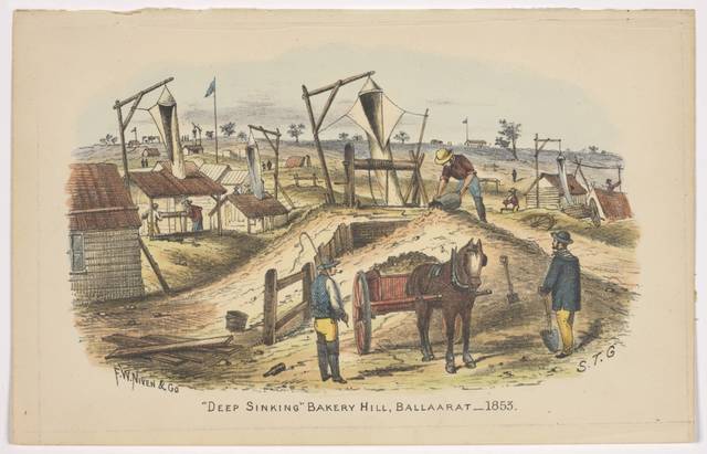 A coloured print of a colonial mining scene. Shown within a rural setting are several mine shafts with winches and white fabric shoots hoisted above. There is a horse and cart shown in the foreground. Printed along the bottom are the words 'F.W. NIVEN & CO / "Deep Sinking", Bakery Hill, Ballaarat _1853. / S.TG.'.
