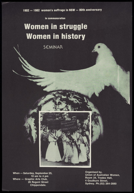 A UAW poster featuring a photograph of a dove, the earth and a photograph of suffragettes marching. The poster has a black background and white text that reads "1902 -1982 women's suffrage in NSW - 80th anniversary In commemoration Women in Struggle Women in History SEMINAR".
