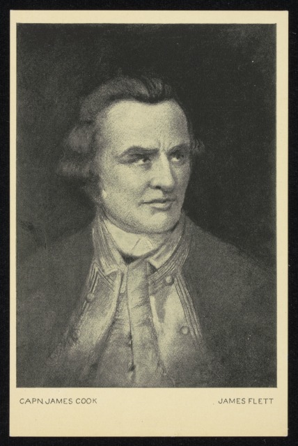 Unused postcard featuring a black and white drawing of "CAPN. JAMES COOK" by James Flett. There is a printed description on the back.