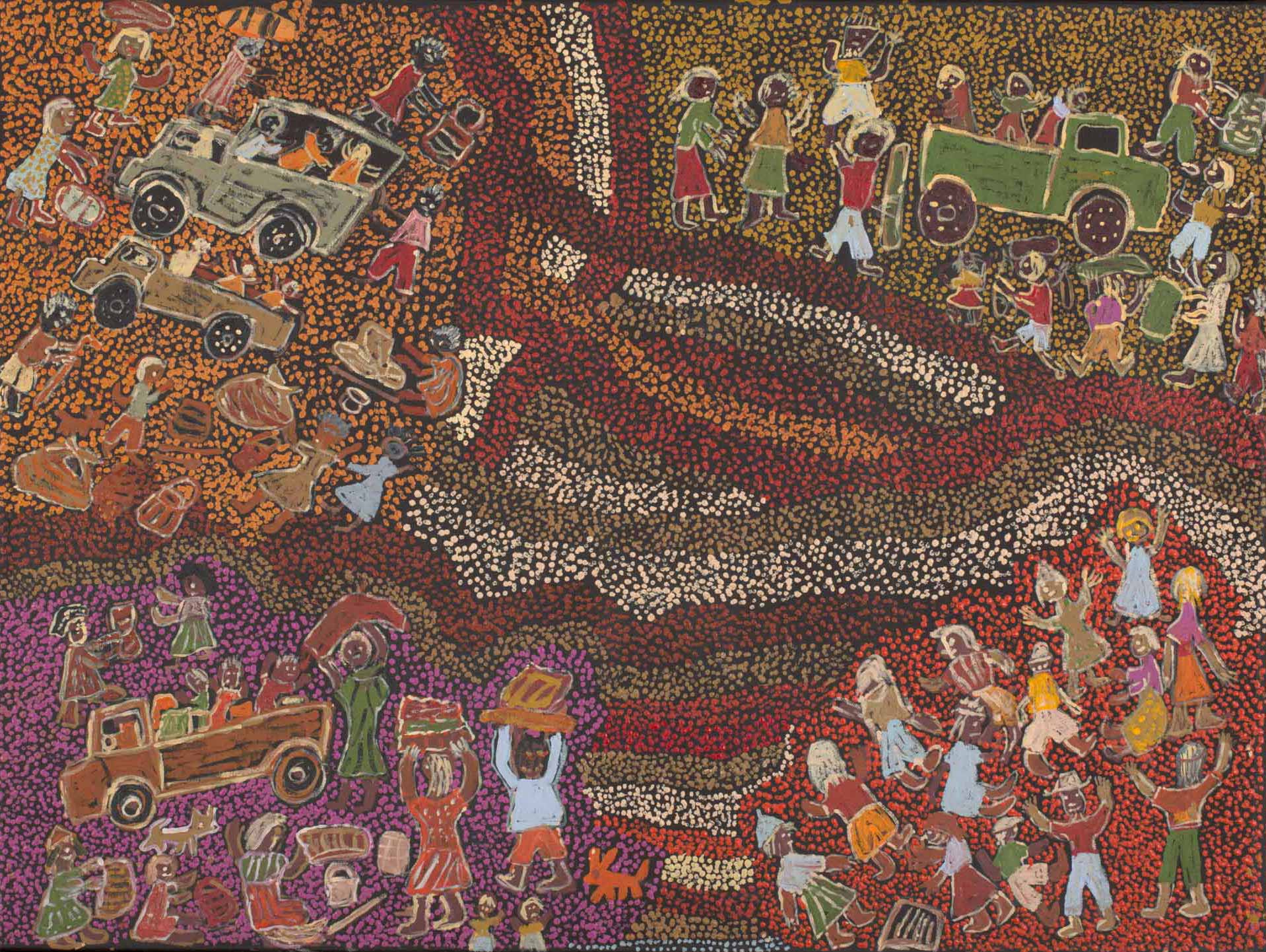 An acrylic painting on canvas showing groups of people and four vehicles, against a multi-coloured dot infill background.