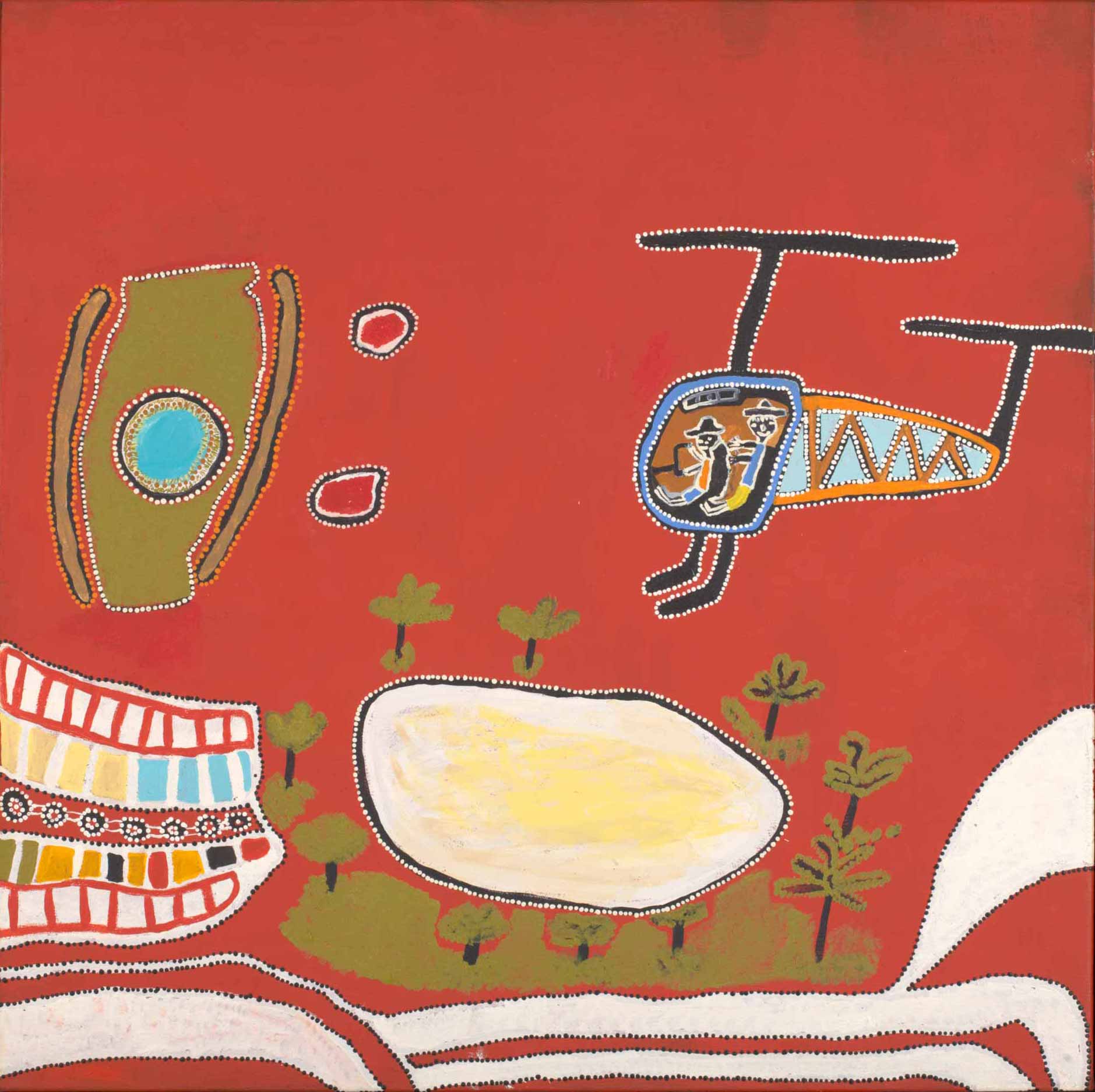 <p><em>Helicopter Ride with Brooksy to See My Father’s Ngurra (Country),</em> 2011, Ken Shepherd, acrylic on canvas, 1020 x 1013 x 33 mm.</p>