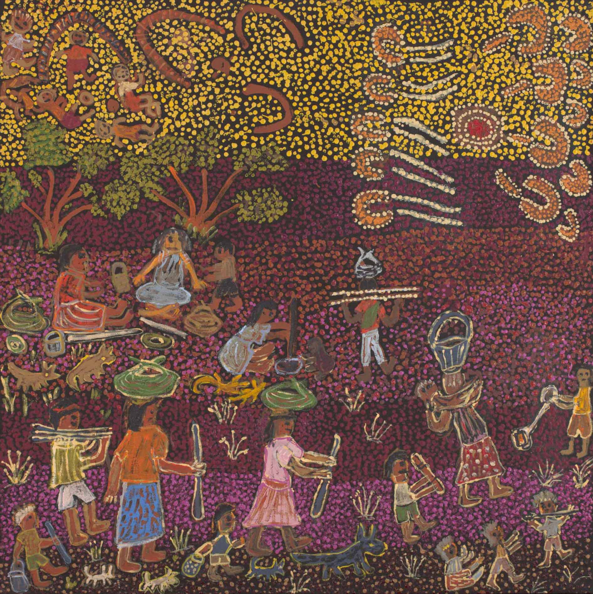 An acrylic painting on canvas showing people and animals, against a predominantly purple dot infill background. Some of the people carry baskets on their heads.