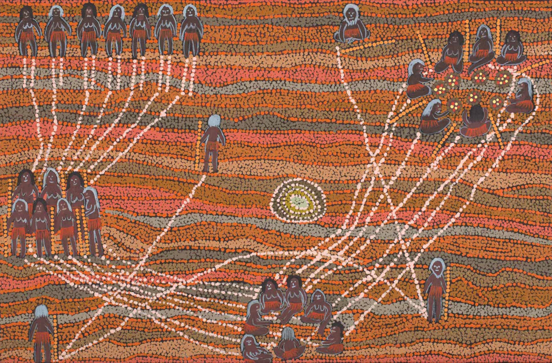 An acrylic painting on canvas showing groups of people and individuals, connected by white dotted lines. The background is made of dot infill in predominantly red and orange tones.