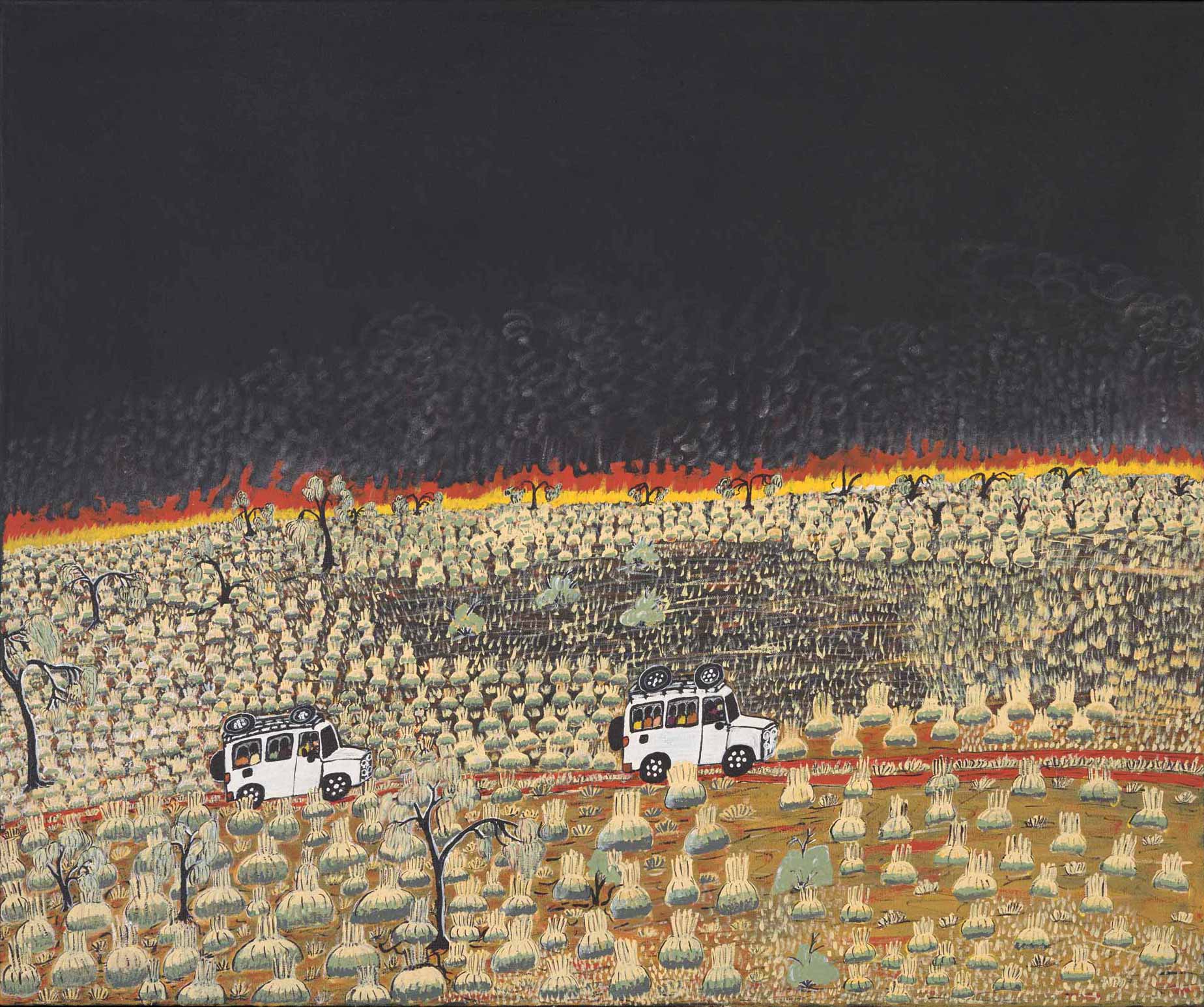 A painting depicting a black night sky, a landscape with clumps of grass and a few trees and fire in the background. Across this on a red earth road there are two four-wheel drives travelling each with a number of passengers inside and luggage on the roof.