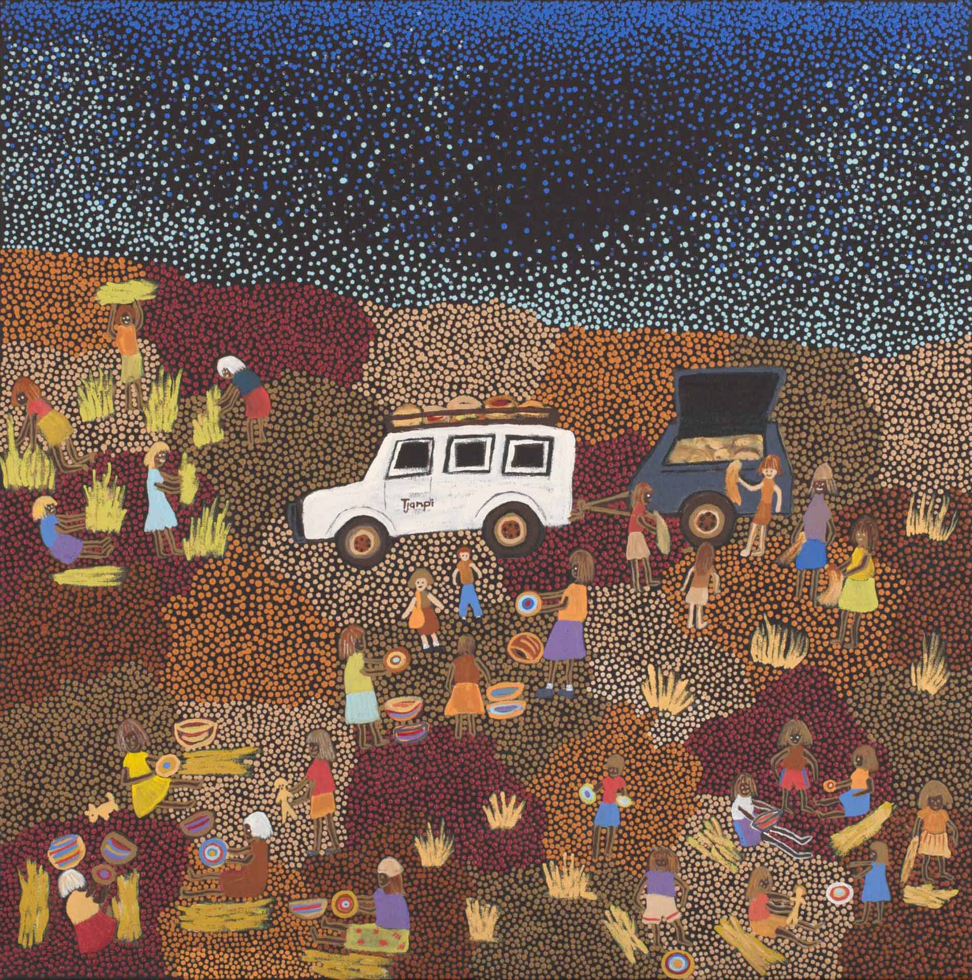 An acrylic painting on canvas showing people standing and seated around a white vehicle with a trailer. The background is made up of multi-coloured dot infill.