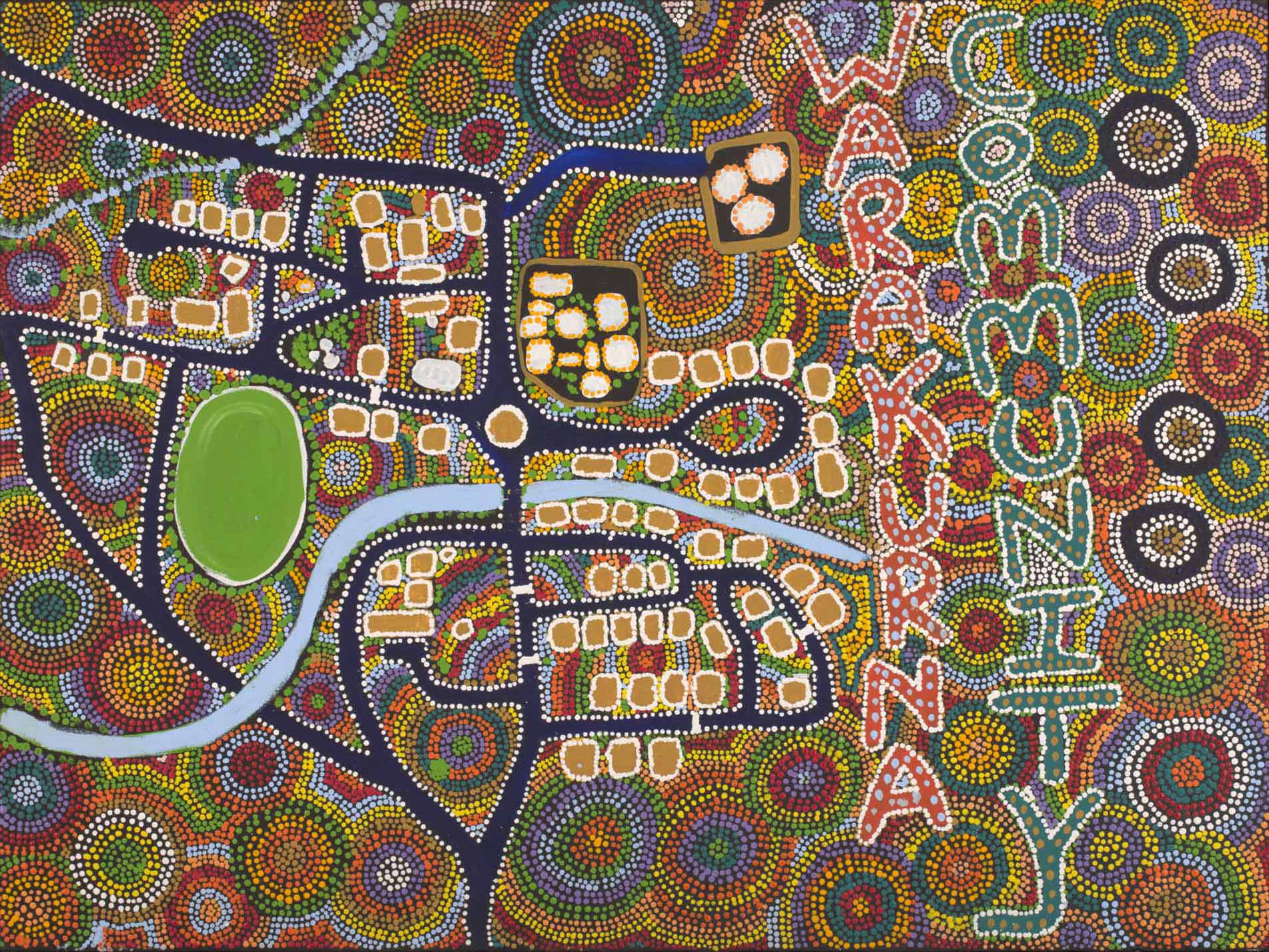 <p><em>Warakurna Community,</em> 2011, Tracy Yates, acrylic on canvas, 765 x 1015 x 33 mm.</p>
