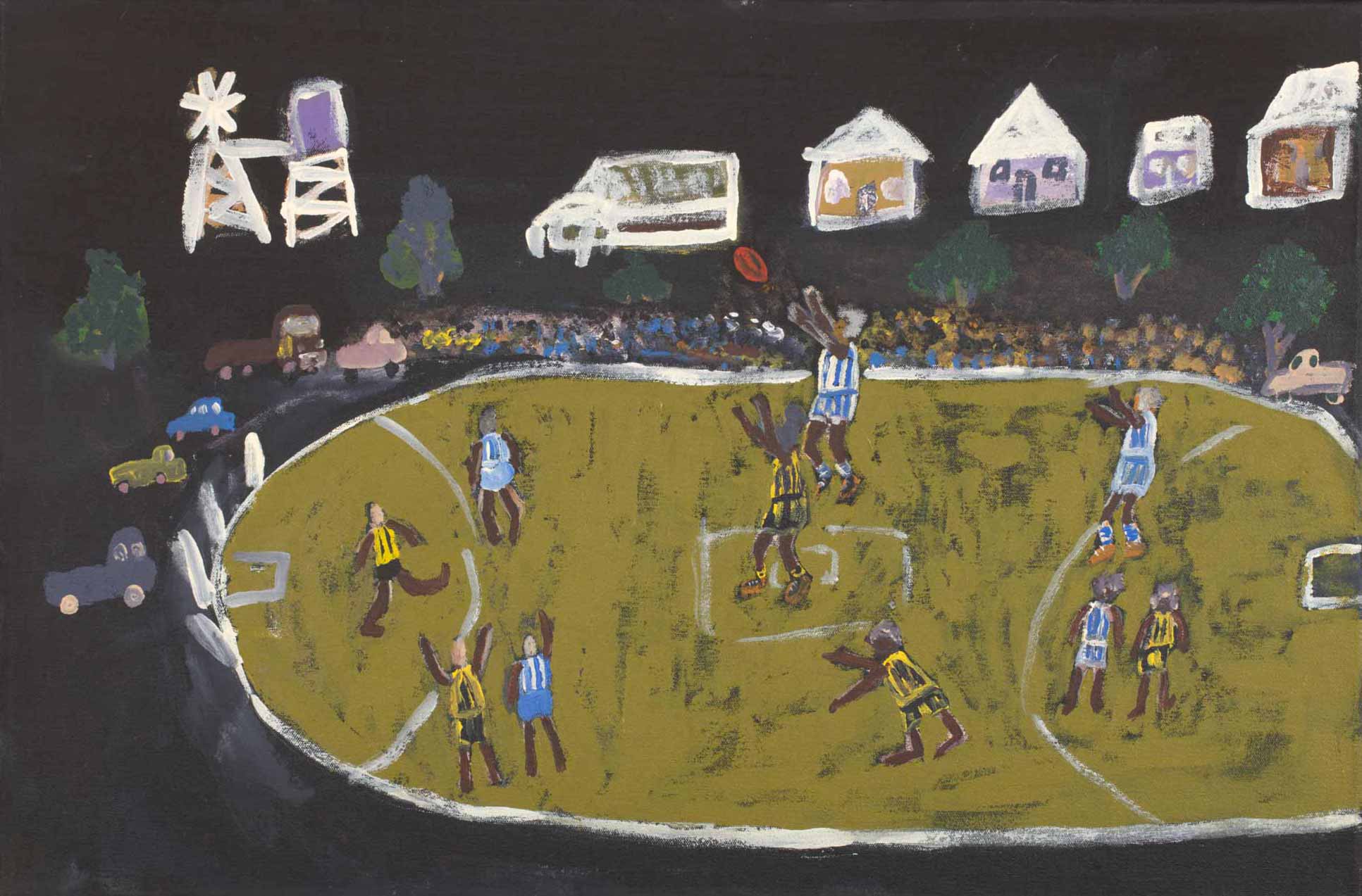An acrylic painting on canvas showing a football match on a green oval against a dark background.