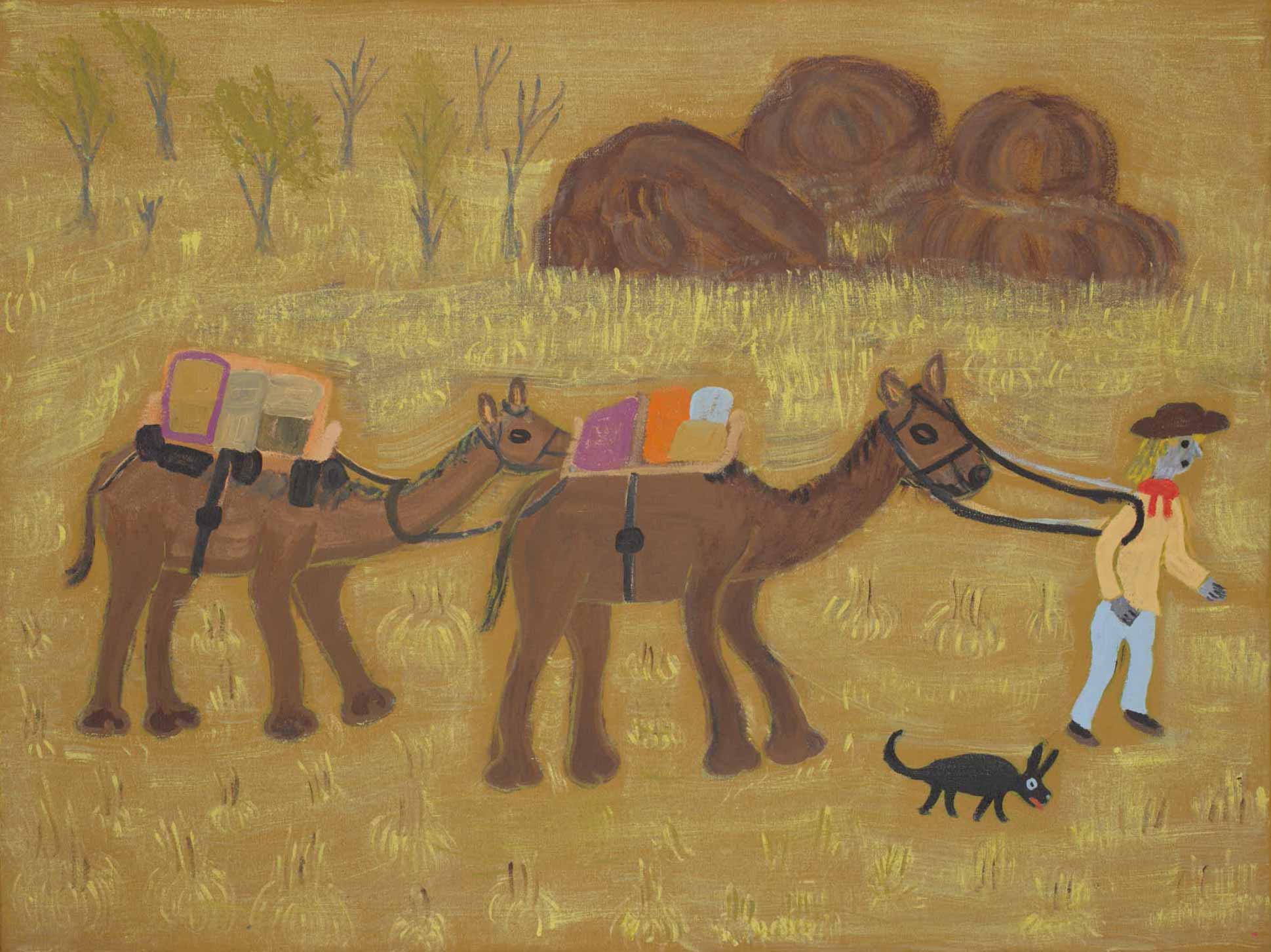 An acrylic painting on canvas showing a person leading two camels, against a predominantly yellow background. A small animal is running alongside the person.