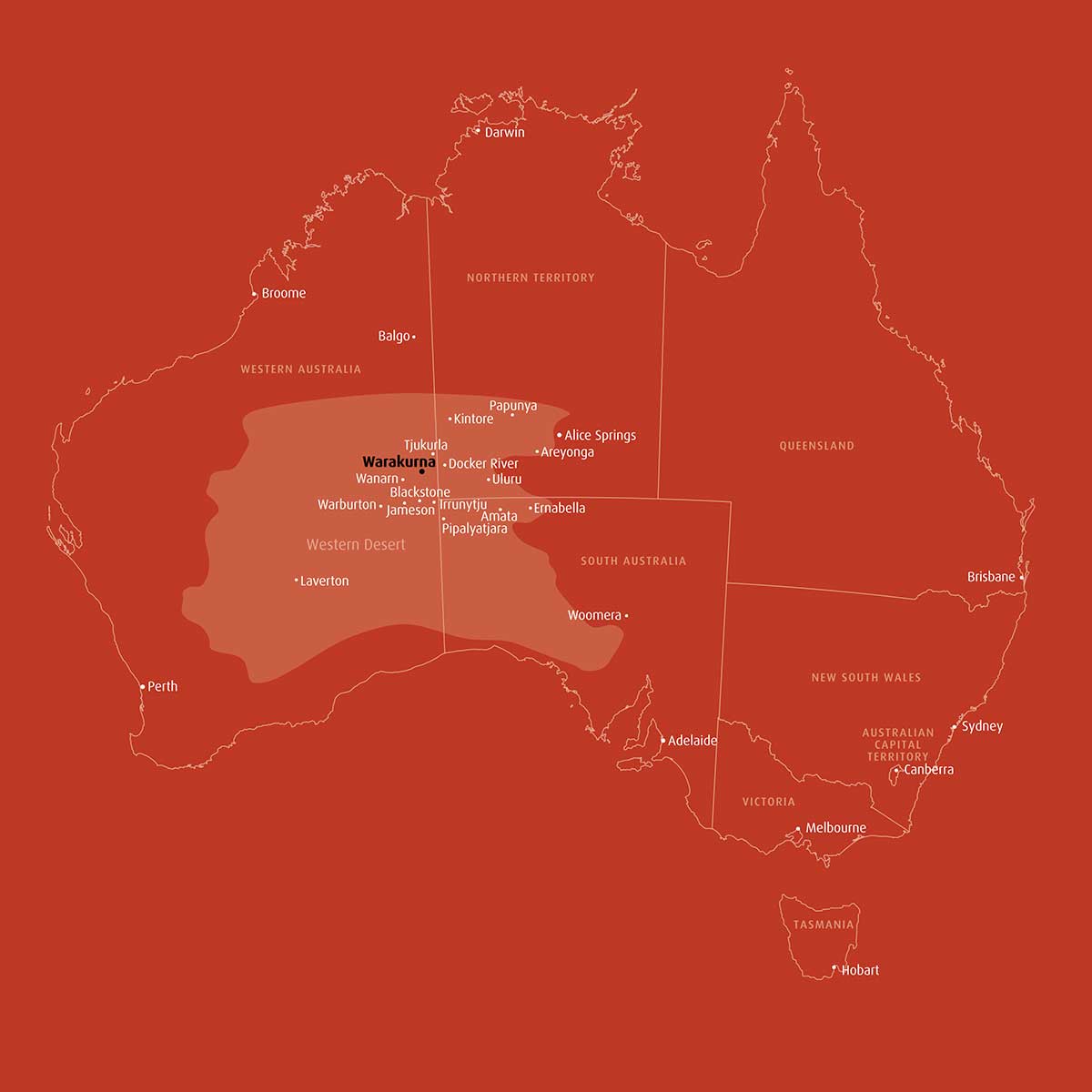 <p>This Western Desert community is situated near the meeting of the borders of Western Australia, South Australia and the Northern Territory. The Warakurna community lies near the foot of the spectacular Rawlinson Range, 300 kilometres west of Uluru (Ayers Rock).</p>
