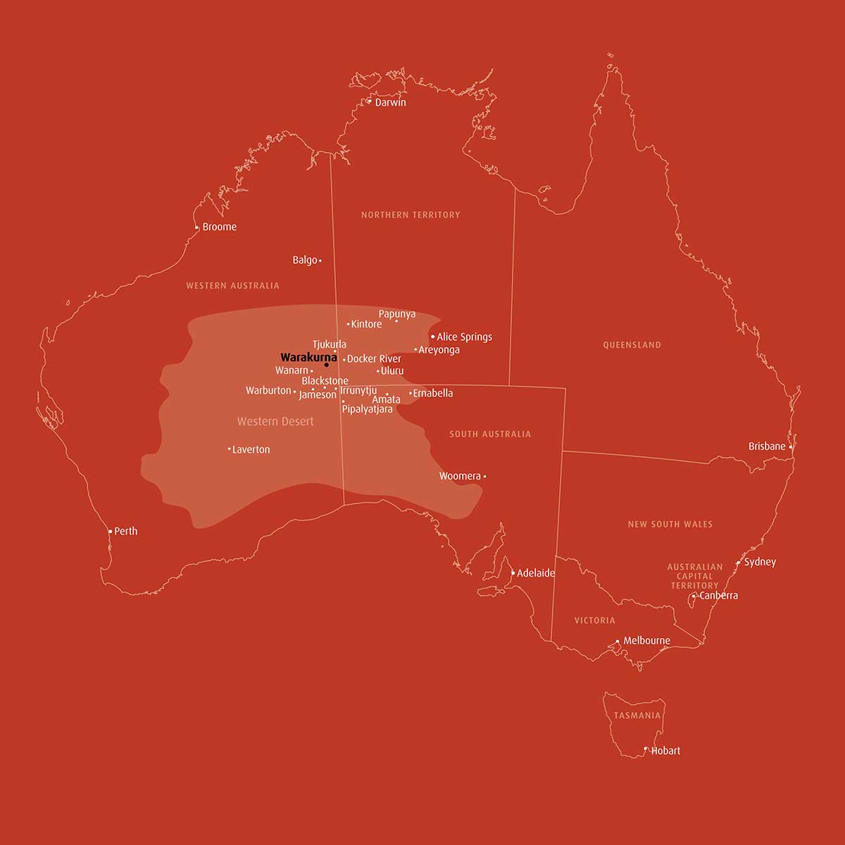 <p>This Western Desert community is situated near the meeting of the borders of Western Australia, South Australia and the Northern Territory. The Warakurna community lies near the foot of the spectacular Rawlinson Range, 300 kilometres west of Uluru (Ayers Rock).</p>