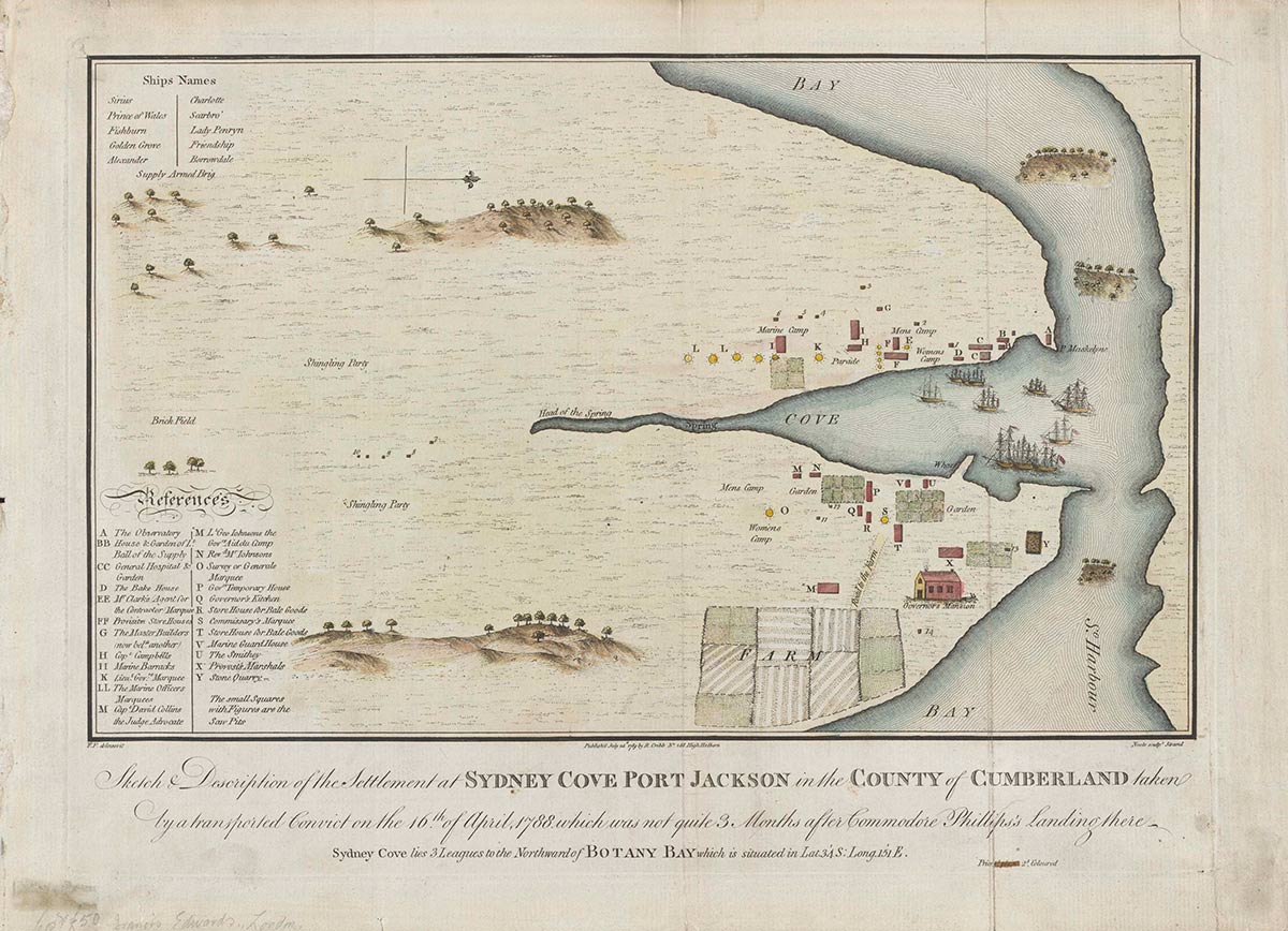 ‘Sketch &amp; description of the settlement at Sydney Cove Port Jackson in the County of Cumberland.’ Drawn by Francis Fowkes.
