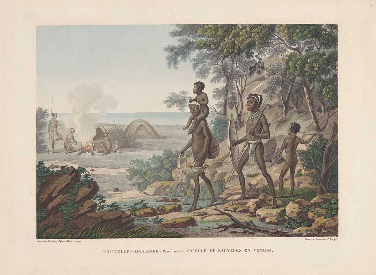 <p>A colour engraving of a family of four travelling in the Port Jackson area</p>
