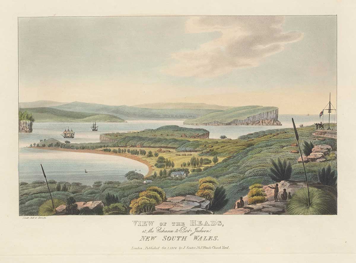 <p>‘View of the Heads at the Entrance to Port Jackson’, by Joseph Lycett, 1824</p>