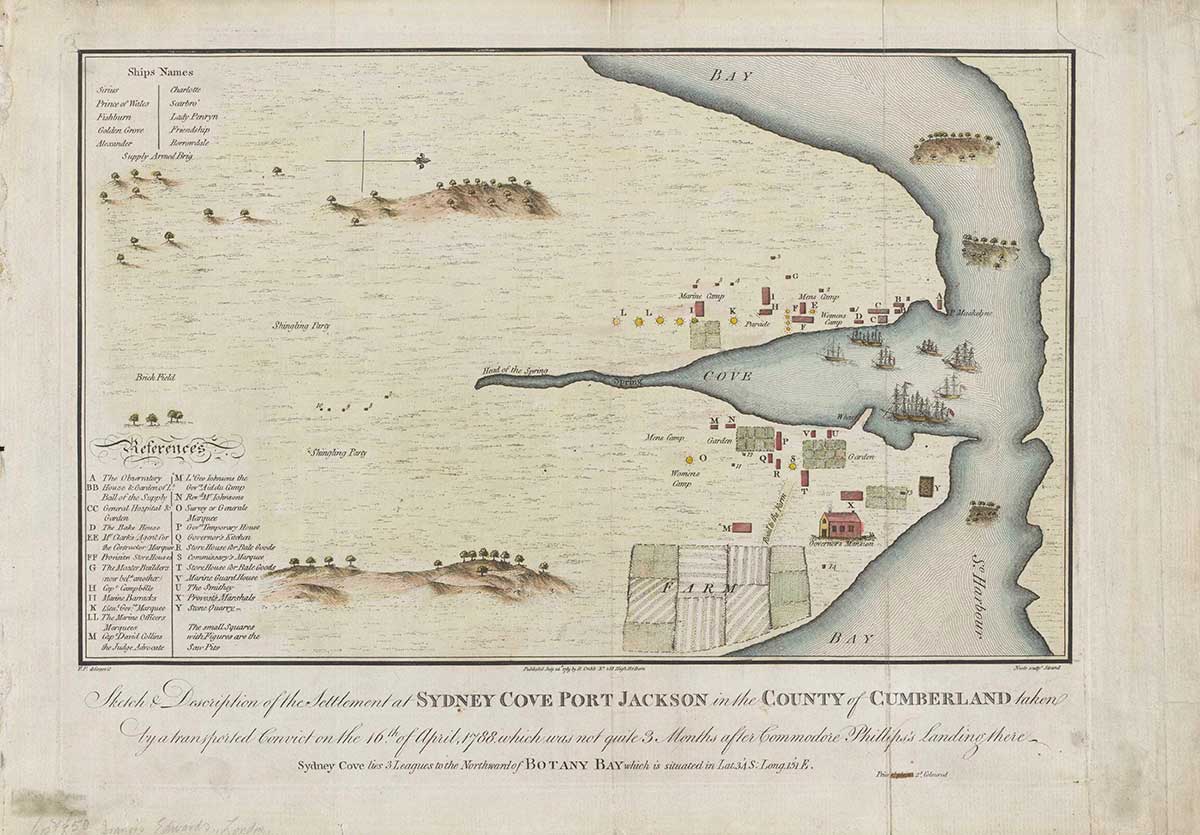 An old map depicting Sydney Cove Port Jackson. Sailing ships are depicted where the Cove meets Sydney Harbour and settlements are represented on the land surrounding. There is a list on the left hand side titled ‘References’ and a list of the ships names in the top left hand corner.