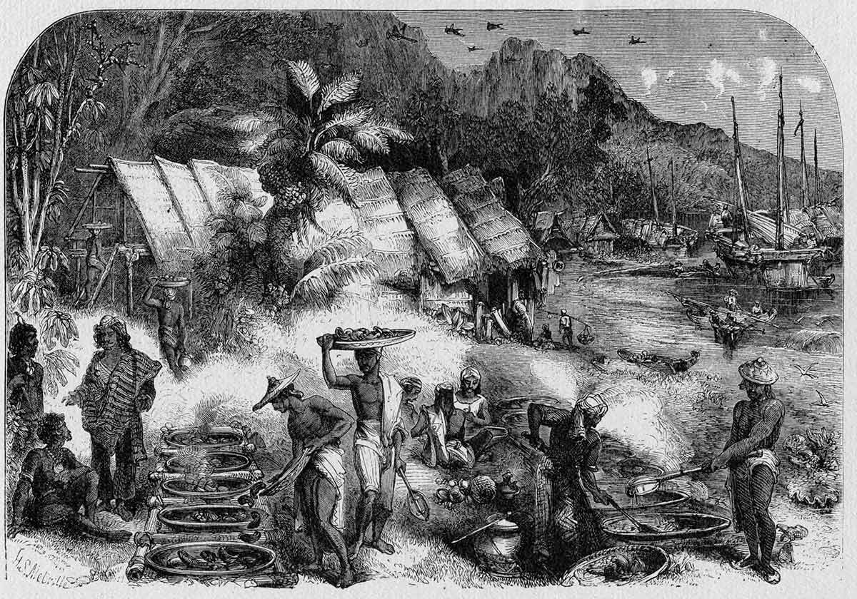Black and white illustration depicting people preparing food. Huts with thatched roofs can be seen in the mid ground and sail boats further beyond.