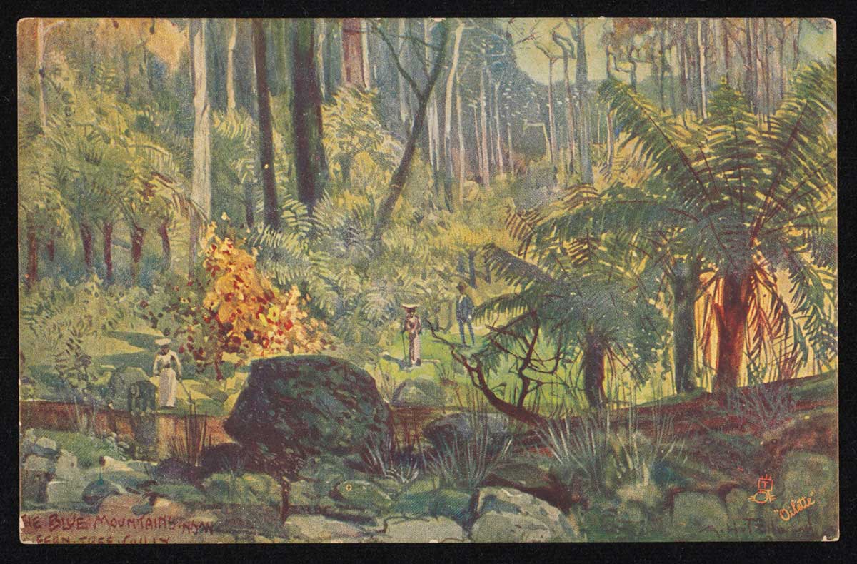 A coloured postcard of a coloured illustration featuring to women and a man walking through lush forest. Printed in the bottom left corner is the text 'THE BLUE MOUNTAINS N.S.W / FERN TREE GULLY'.