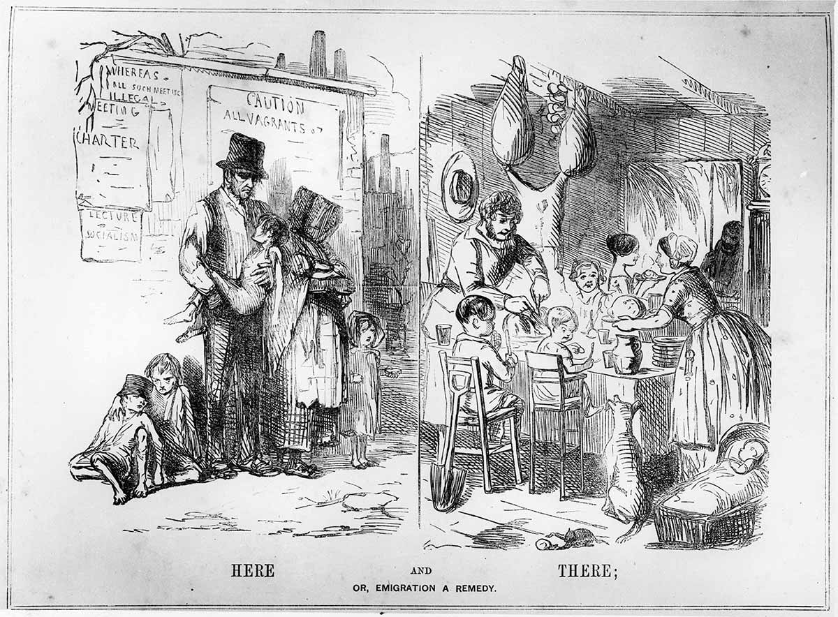 Black and white illustration showing two scenes. One scene depicts a destitute family in a street, the man holding a sickly child in his arms. They are standing in front of a wall covered in posters, one printed with 'CAUTION ALL VAGRANTS'. The other scene depicts a prosperous family around a table laden with an abundance of food. At the bottom of the illustration is printed with the text 'HERE AND THERE; OR, EMIGRATION A REMEDY'.