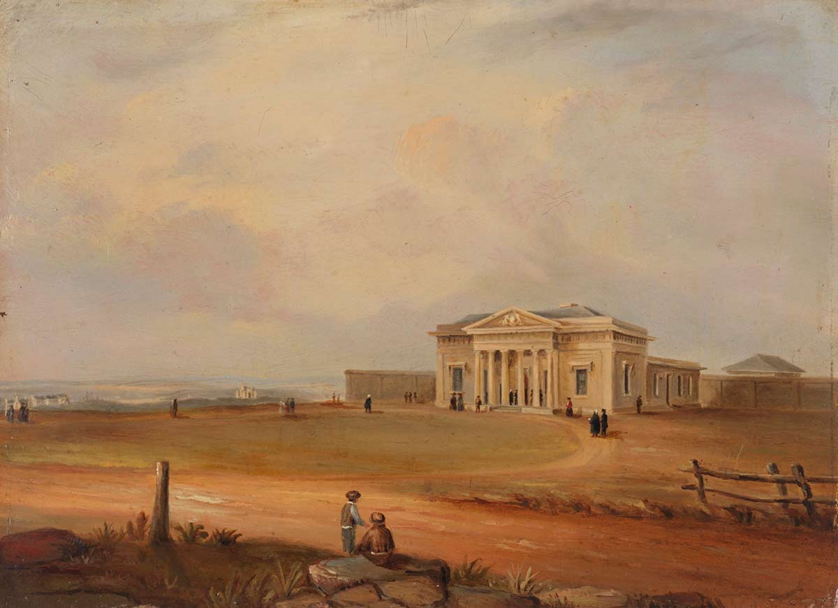 Colour illustration of a large building in the distance. The surrounding landscape is bare-looking and treeless, and people are headed towards the building.