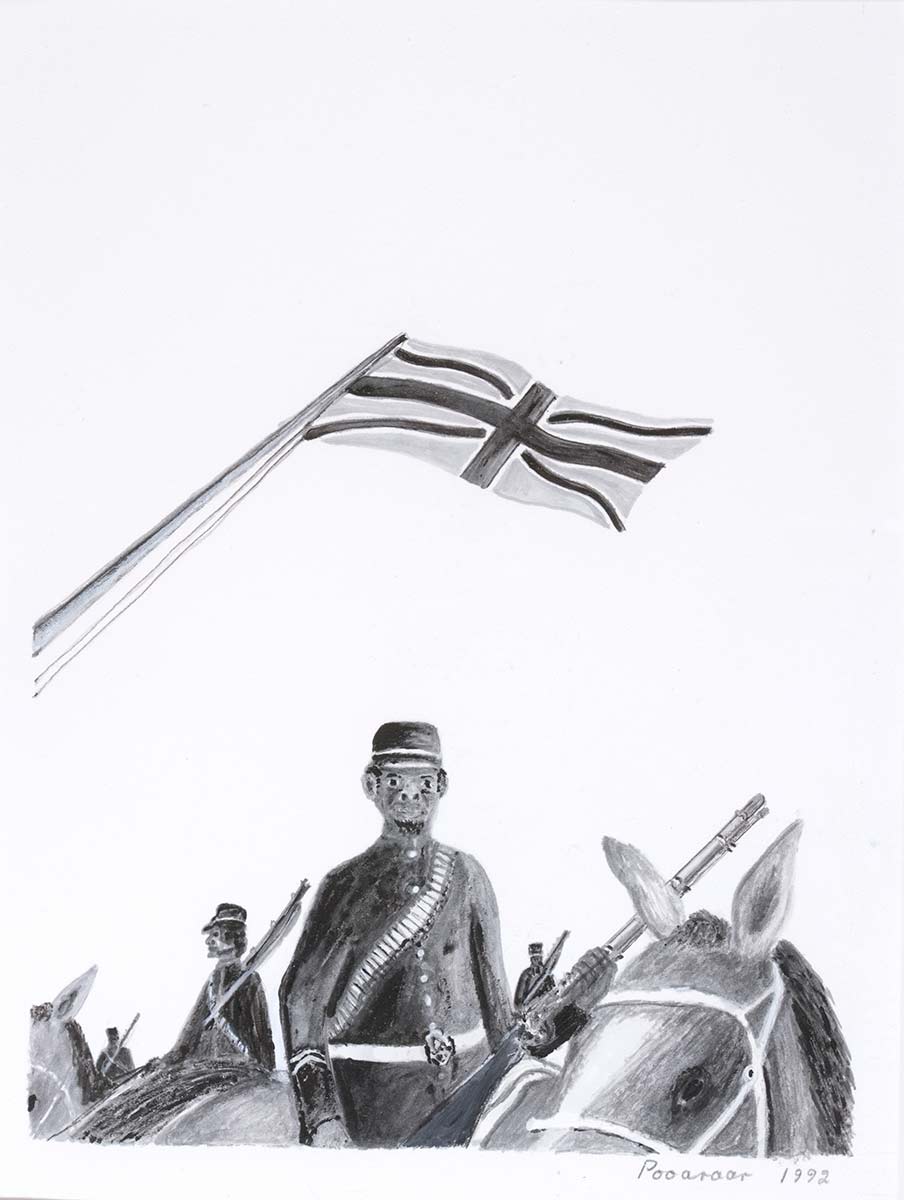 A black, grey and white pen and wash drawing on white watercolour paper. There is a border around the drawing. The drawing is numbered "10" in the top right corner. The drawing shows a Union Jack Flag flying above four men in uniform on horseback all of whom are cradling shotguns in their arms.