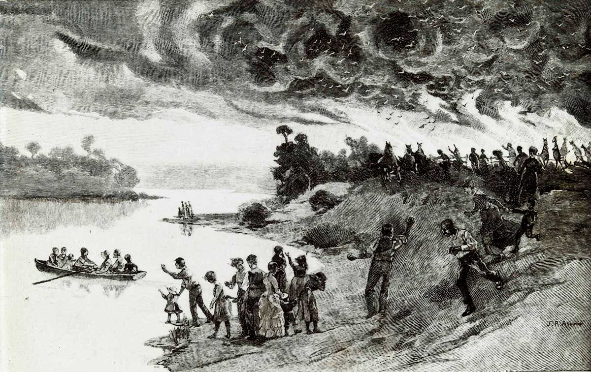 Illustration depicting crowds of people, horses, kangaroos and birds fleeing a bushfire. Some people have escaped in row boat.