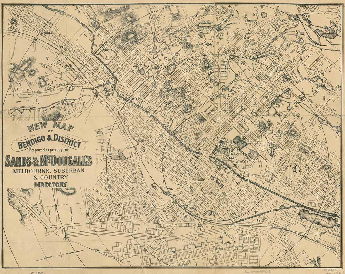 An old map of Bendigo town. On the right there is the text 'NEW MAP OF BENDIGO & DISTRICT'.