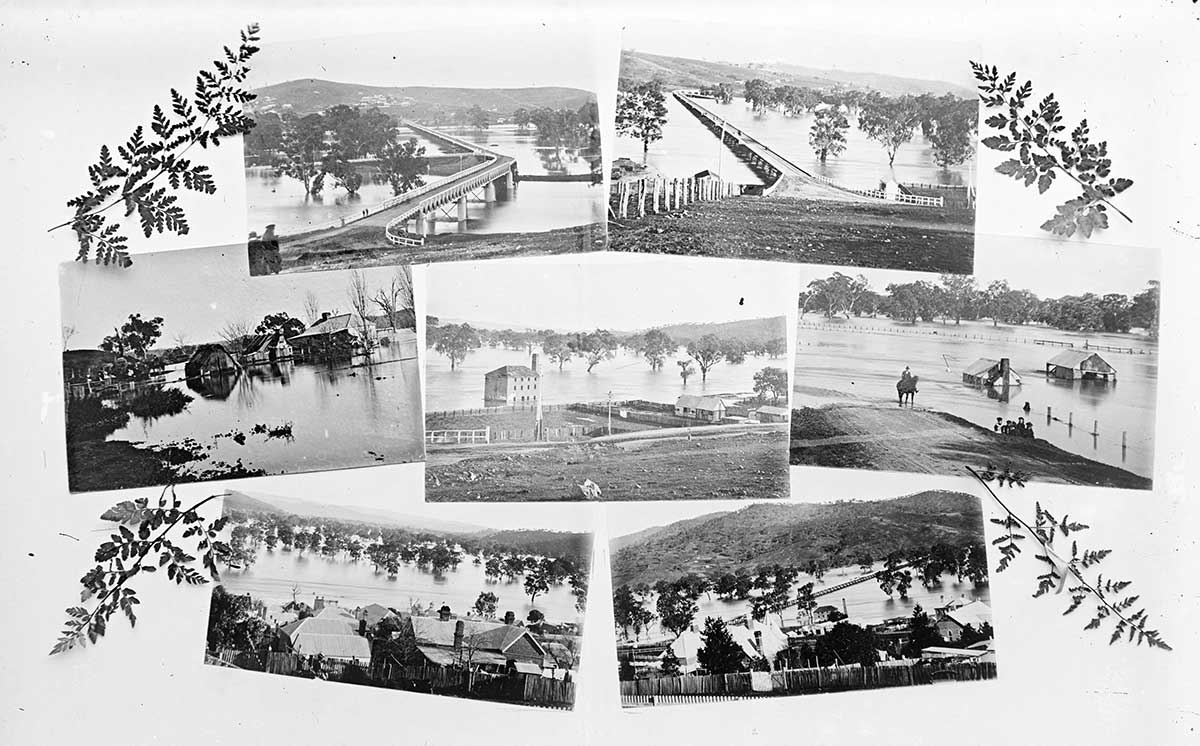 Seven black and white photographs showing flooded town.