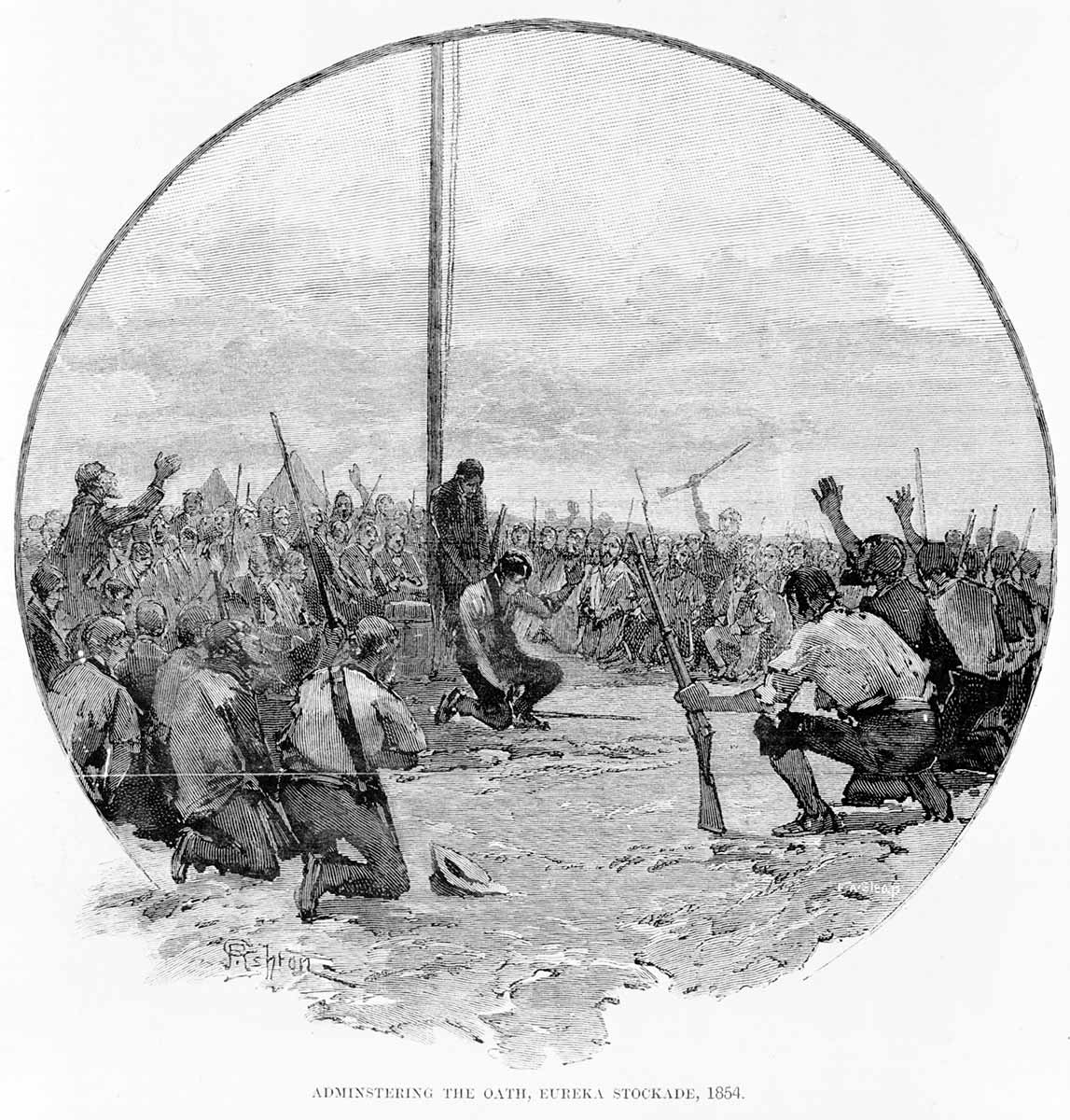 Illustration of an army of soldiers kneeling around a flagpole. Some are lifting their arms upwards in a motion of victory. Printed at the bottom is 'ADMINISTERING THE OATH, EUREKA STOCKADE, 1854'.