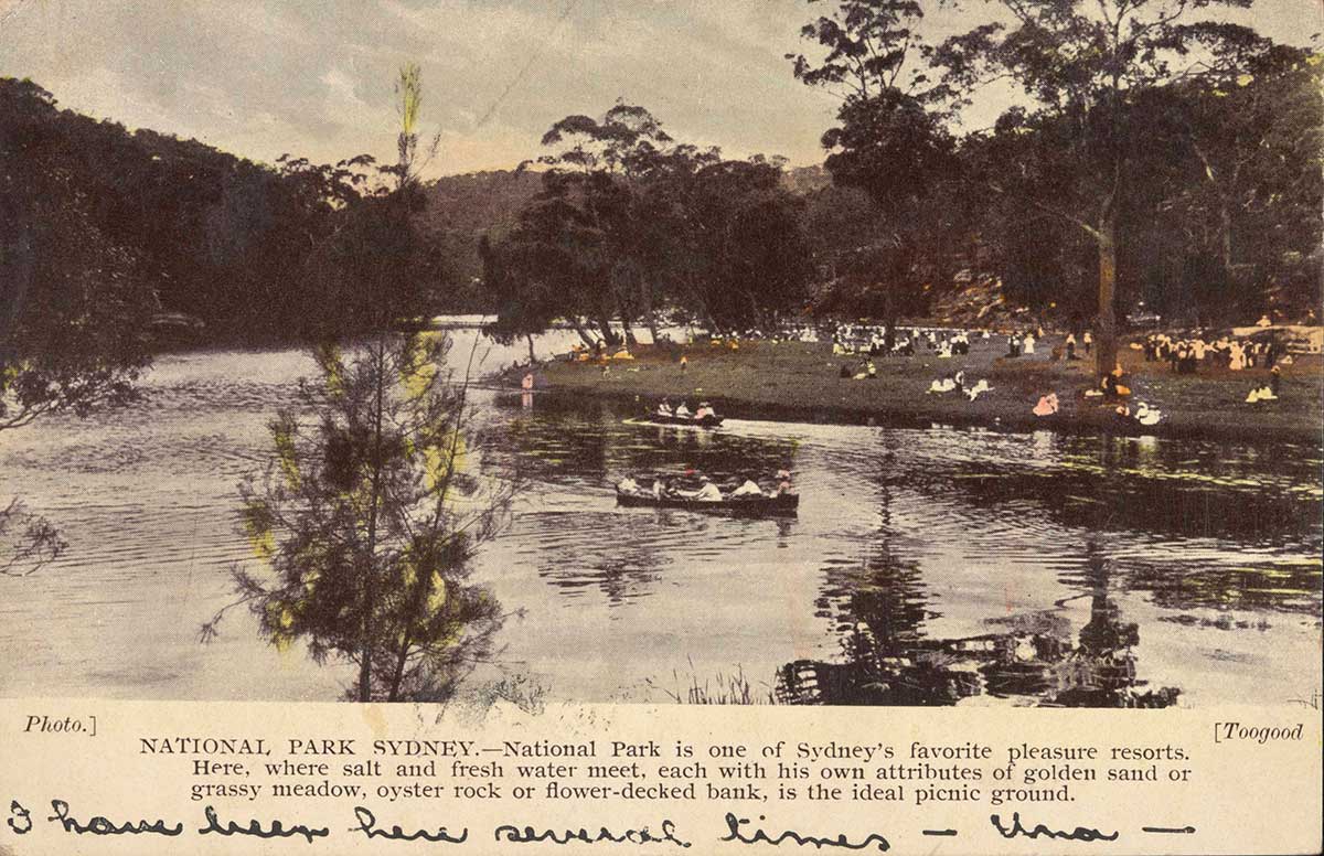 Postcard with a photograph of a people partaking in recreational activities on a river and its banks. At the bottom is printed text including 'NATIONAL PARK SYDNEY'.