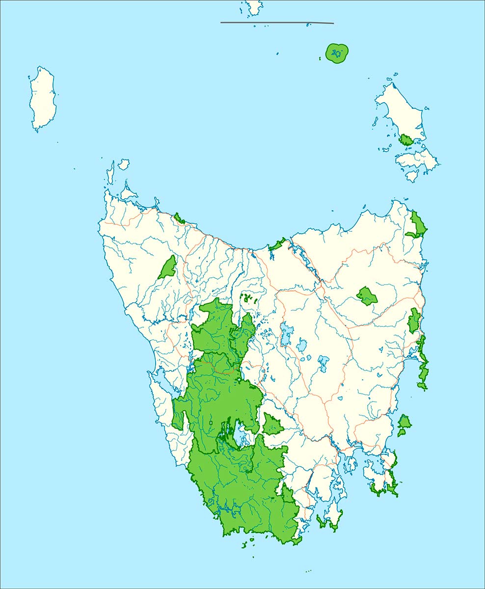 Map of Tasmanian highlighting areas of national park in green.