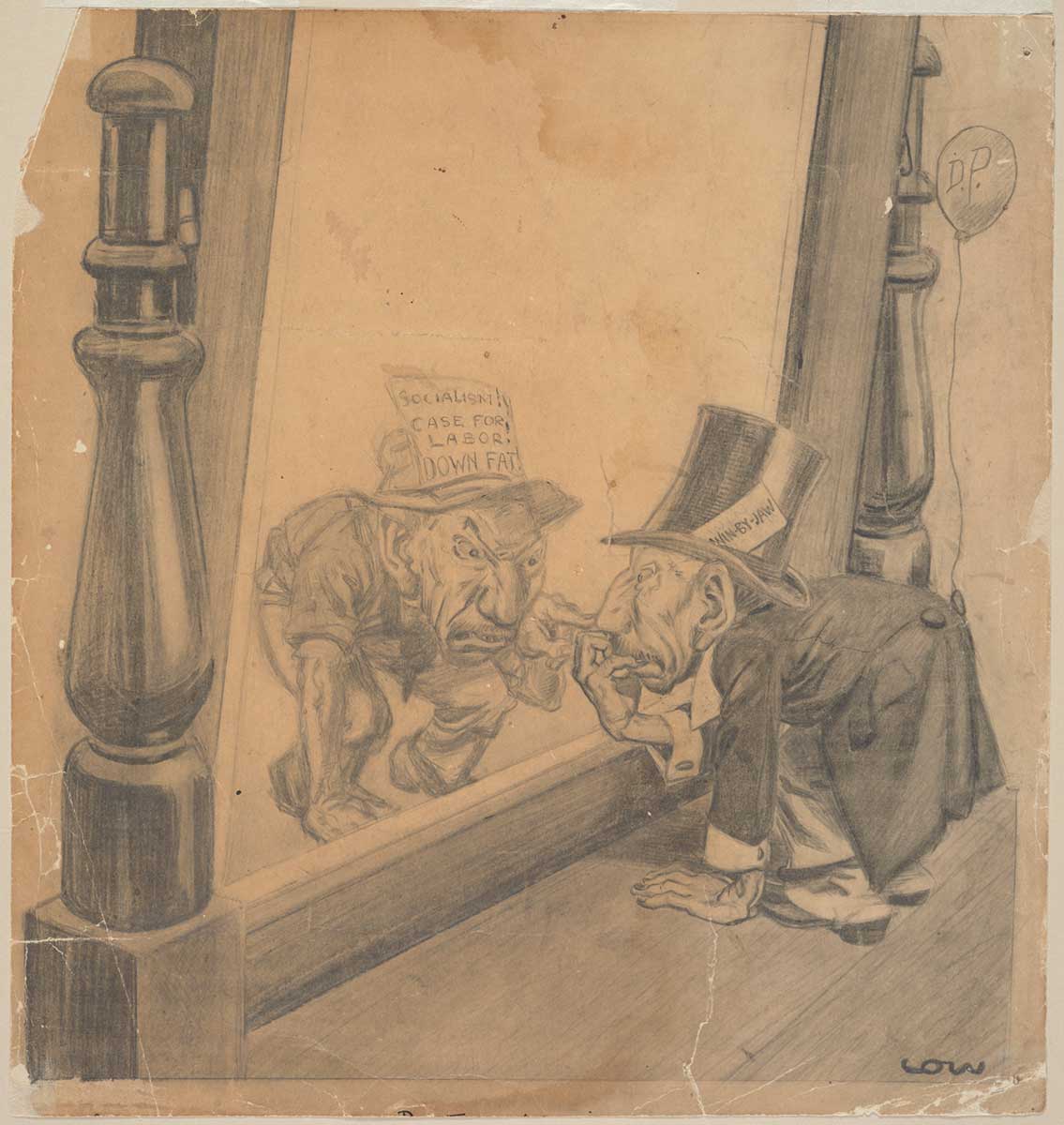 Pencil drawing depicting Prime Minister, Mr William (Billy) Hughes, gazing into an oversized mirror. He is wearing a top hat and a coat, while his reflection wears rough working clothes and a cap to which is attached a note: 'Socialism! Case for Labor! Down Fat!' The reflection points an accusing finger.