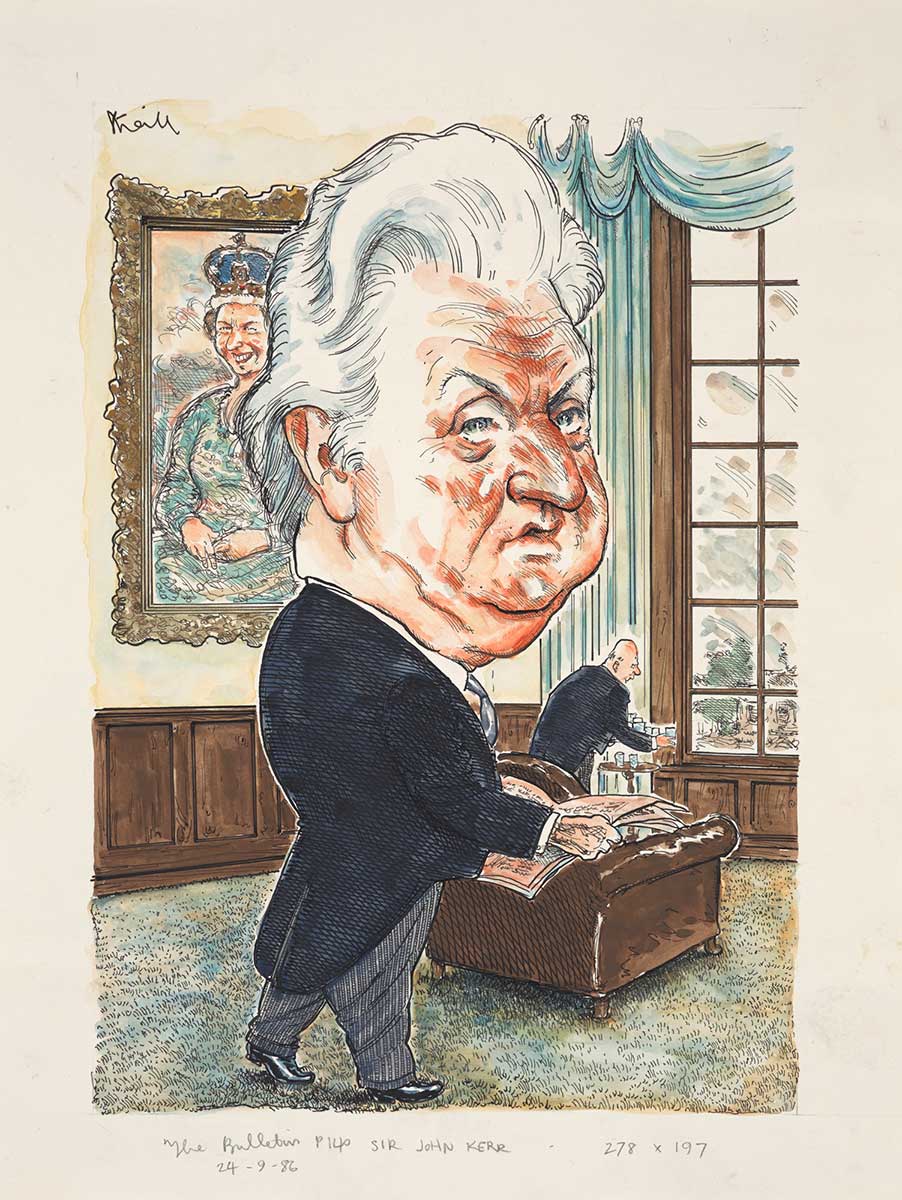 Cartoon depicting former Governor General Sir John Kerr standing in a grandiose room reading a paper. A portrait of Queen Elizabeth II exhibiting a smug expression hangs on the wall, and a butler is setting out refreshments in a corner of the room.