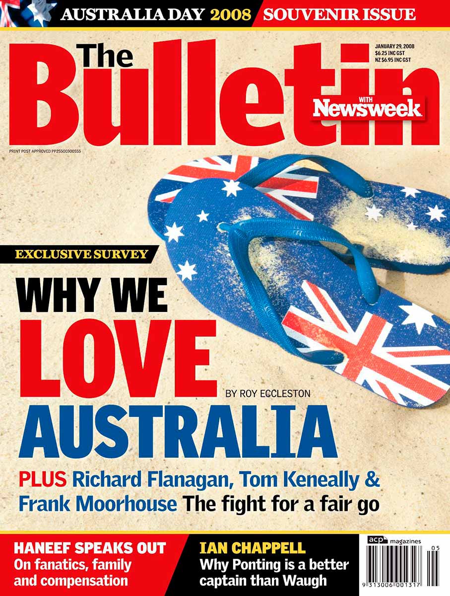 Front cover of The Bulletin featuring a pair of thongs printed with the Australian flag. It is dated 29 January 2008.