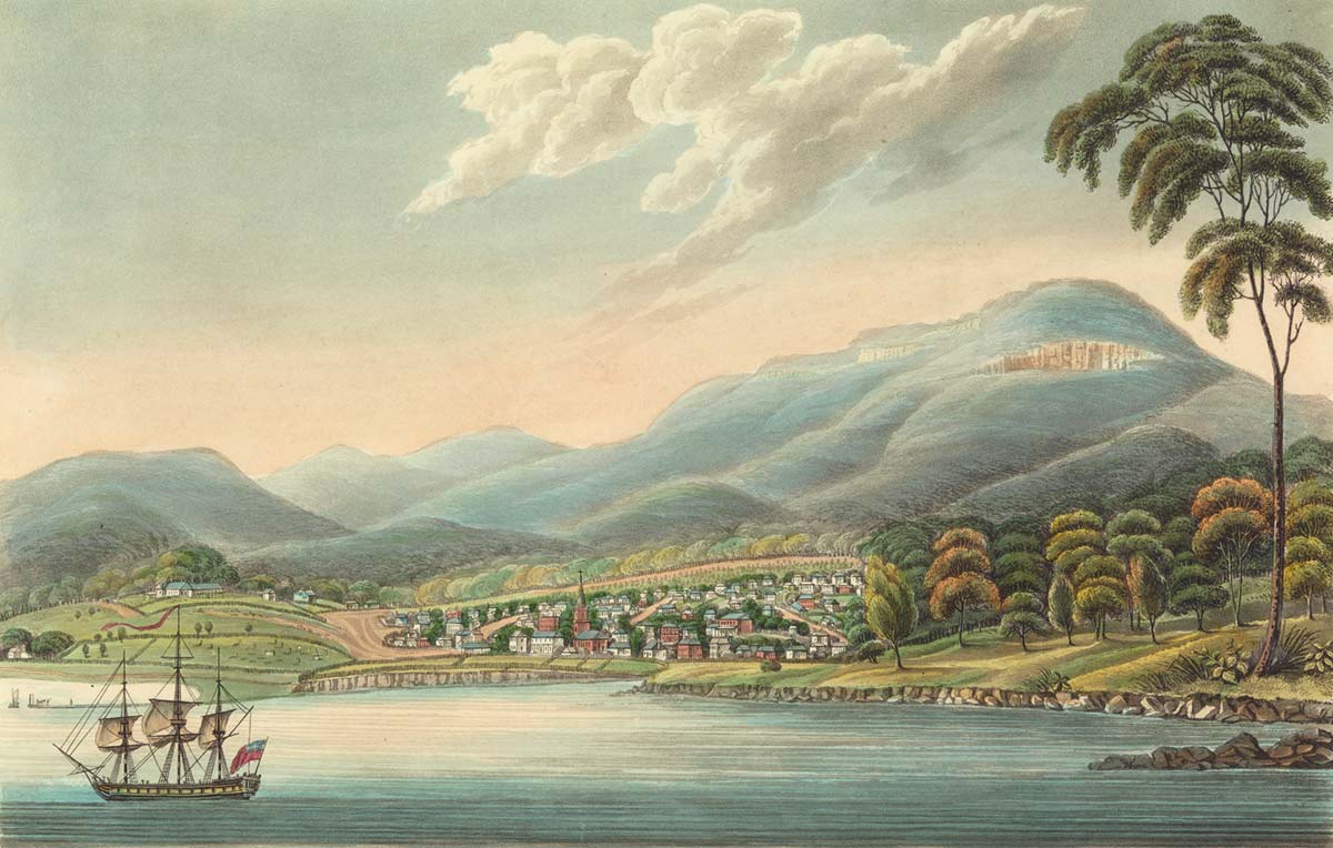 Coloured illustration depicting a sailing ship in a bay. A town can be seen on the shorelines and mountains beyond.