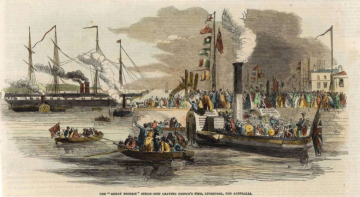 <p>SS <em>Great Britain</em> leaving Prince’s Pier, Liverpool, for Australia, 1852</p>
