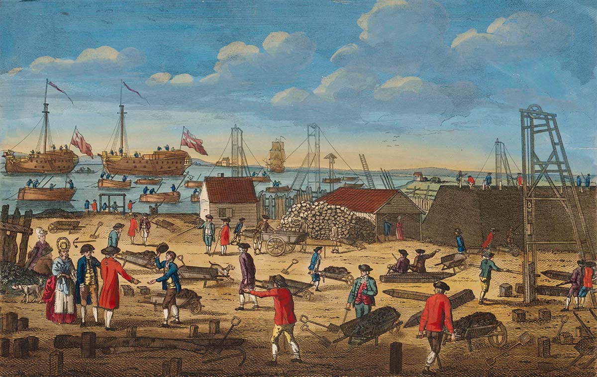 Colourful illustration showing men pushing wheelbarrows on a construction site, with ships in the background.